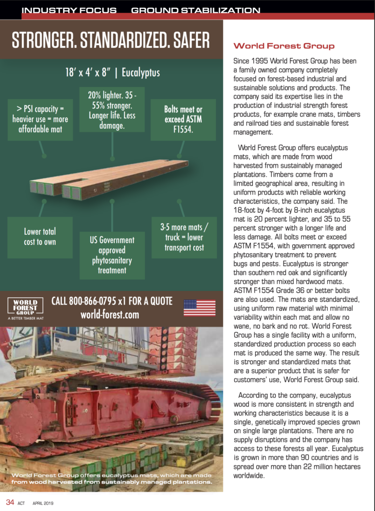Eucalyptus crane mats featured in American Crane and Transport magazine showing multiple layers of 8" timber mats to replace 12" mixed hardwood mats