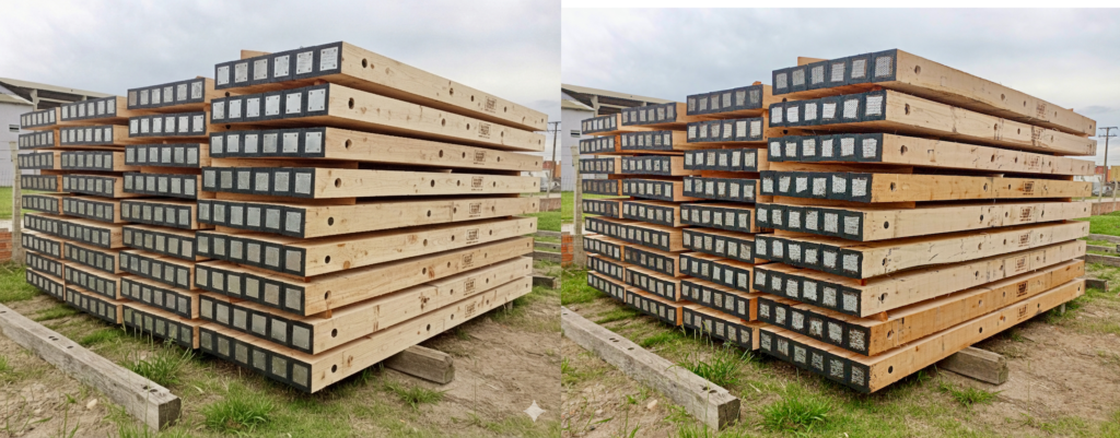 Standardized Eucalyptus crane mats providing a stable, consistent product for matting operations. AI generated ideal mats on left. Actual Eucalyptus mats on right.