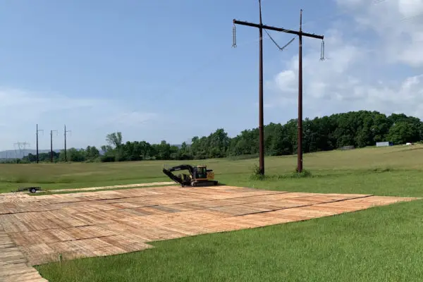 Eucalyptus timber mats on power line
