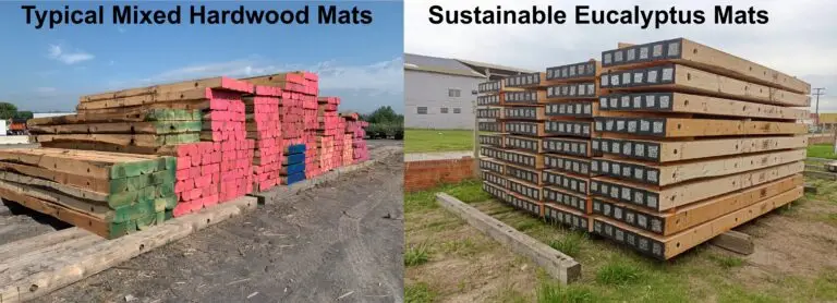 Comparison of typical mixed hardwood timber mats versus sustainable eucalyptus timber mats showing uniformity and cost per unit strength advantages