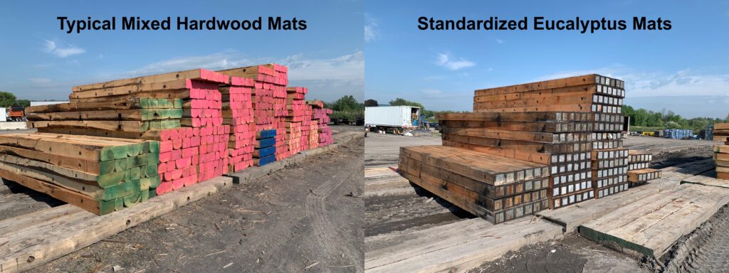 Timber mat standardization comparison showing uniform Eucalyptus mats versus variable mixed hardwood mats
